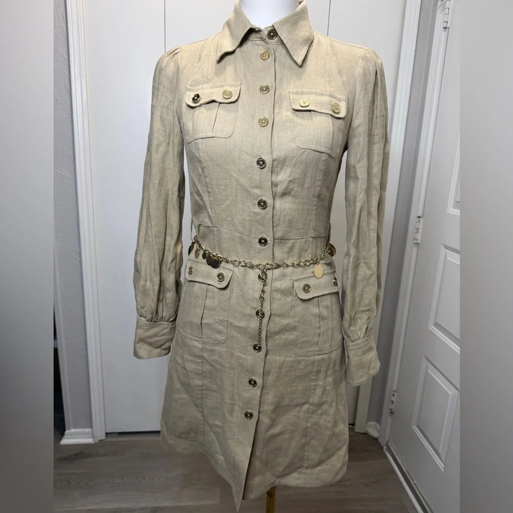 Michael Kors Beige Fabric with Gold Button Dress with chain